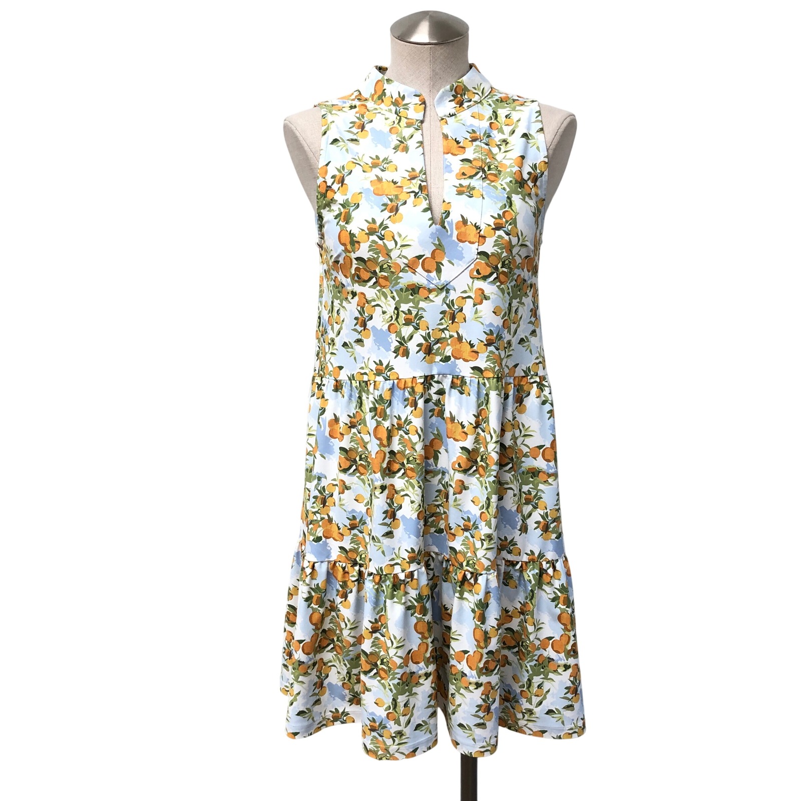 Smith & Quinn Mini Dress Womens Small Blue Orange Citrus Print Tiered Sleeveless